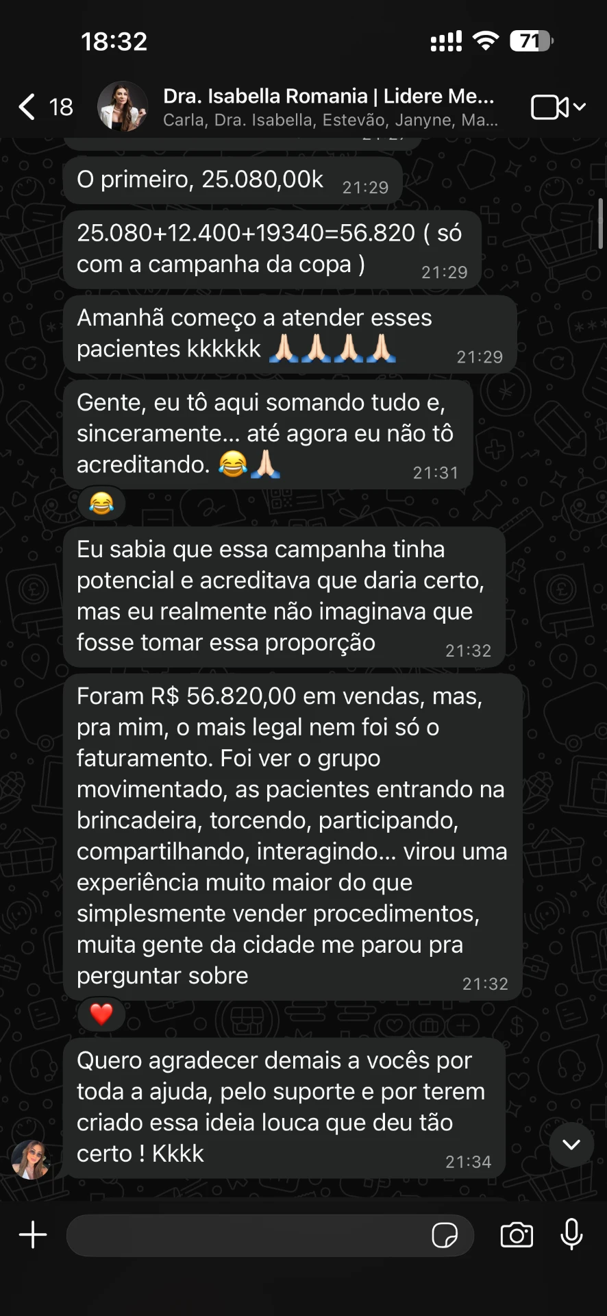 Depoimento da Dra. Isabella somando R$56.820 em vendas